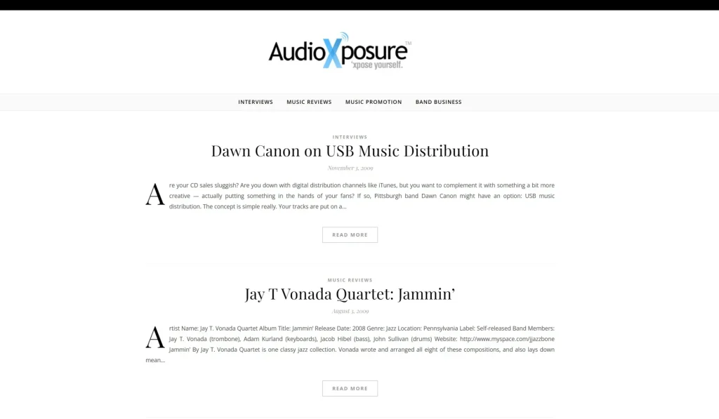 Screenshot of the homepage of AudioXposure.com