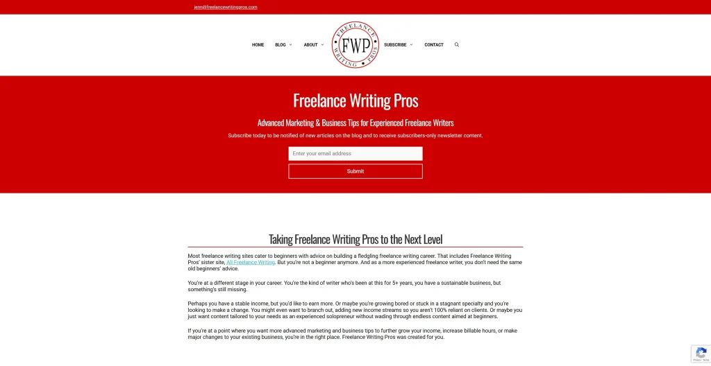 Screenshot of the homepage of FreelanceWritingPros.com