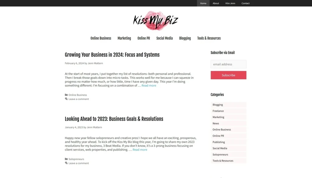 Screenshot of the homepage of KissMyBiz.com