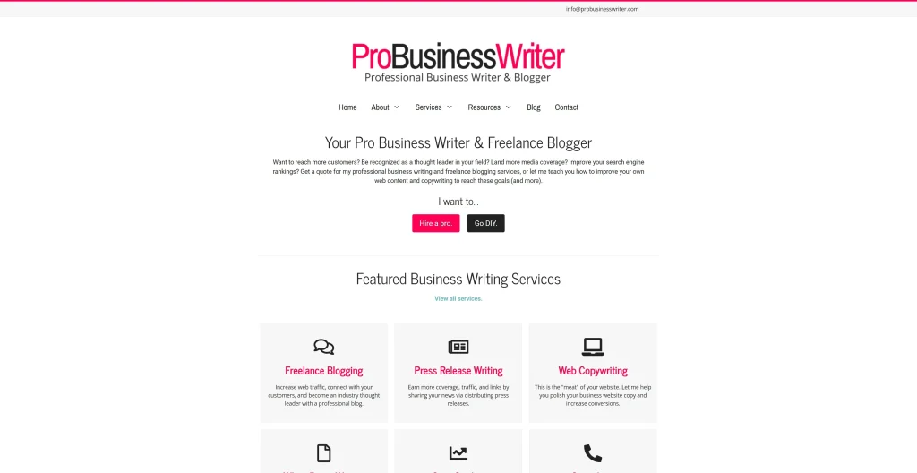 Screenshot of the homepage of ProBusinessWriter.com